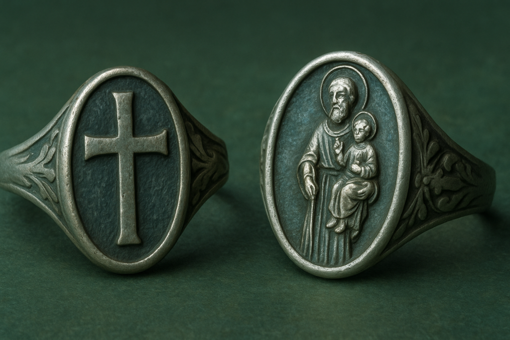緑の背景に置かれた中世ヨーロッパ風の宗教的指輪。左のリングにはラテン十字、右のリングには聖人像が彫刻され、銀色の落ち着いた質感が信仰の象徴としての存在感を放っている。