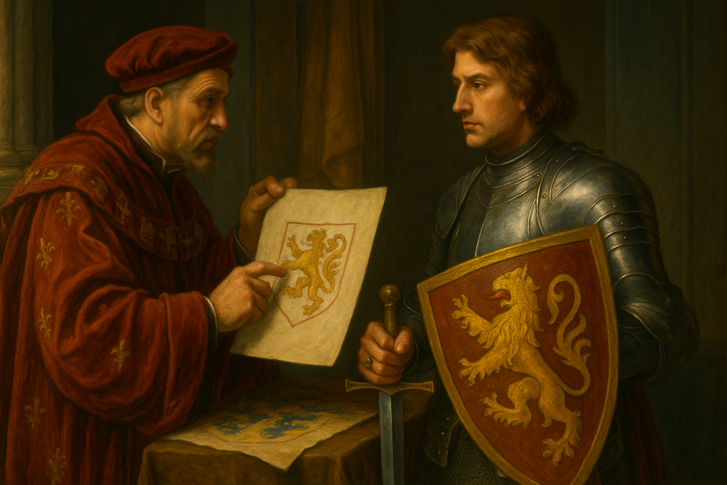 ルネサンス風の室内場面。赤い衣をまとった紋章官が羊皮紙に描かれた獅子の紋章を指し示し、向かいに立つ騎士が同じ紋章を刻んだ盾を持ちながら真剣に見つめ合っている。紋章学と騎士のアイデンティティを象徴する光景。