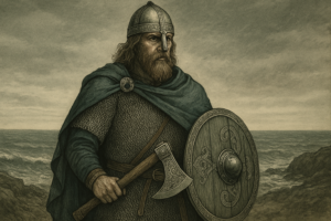 荒涼とした海を背景に、チェーンメイルとマントをまとい、彫刻入りの斧と円形盾を携えたヴァイキングの男性が立っているアンティーク調のイラスト