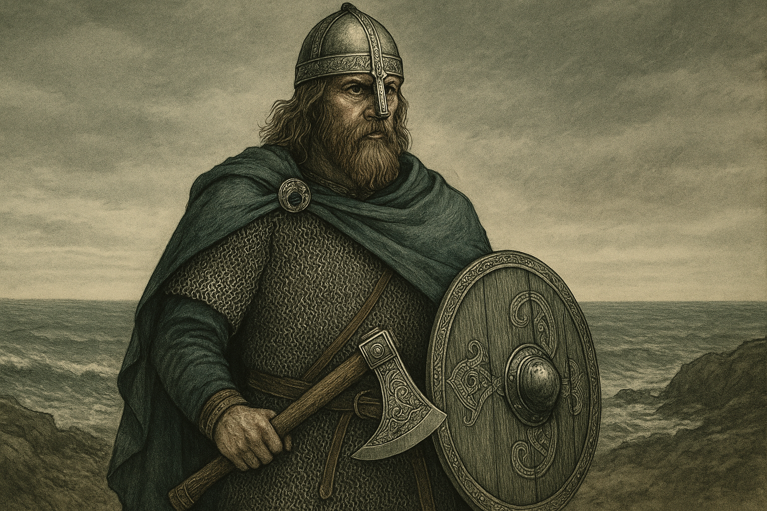 荒涼とした海を背景に、チェーンメイルとマントをまとい、彫刻入りの斧と円形盾を携えたヴァイキングの男性が立っているアンティーク調のイラスト