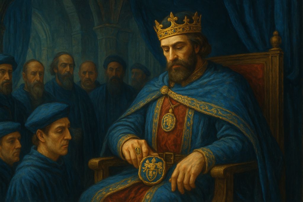 青を基調とした荘厳な玉座の場面。王が王冠と青い儀礼服を身にまとい、紋章を刻んだ金のシグネットリングを掲げる姿。周囲には家臣たちが控え、王侯貴族の権威とシグネットリングの象徴性を示している。