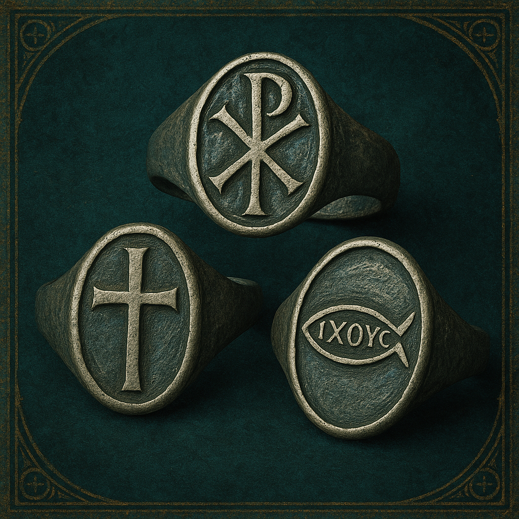 深い青緑の背景に並べられた3つの古代風シルバーリング。左に十字架、中央にキリストのモノグラム「キ・ロー」、右に魚を象ったイクトゥス記号が刻まれ、ゴシック風の荘厳な雰囲気で宗教的モチーフ指輪の起源を表現している。