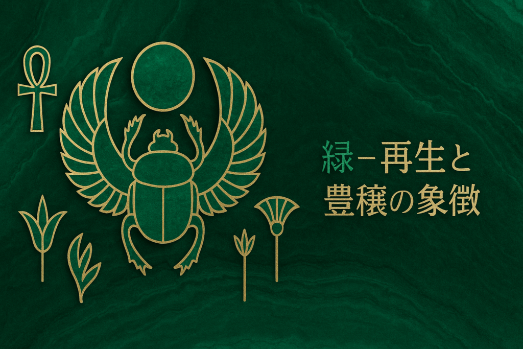 古代エジプトの象徴をマラカイトの緑で表現したアイキャッチ画像。翼を広げたスカラベ甲虫とアンク、ロータスが金色で描かれ、再生と豊穣を象徴するデザイン。
