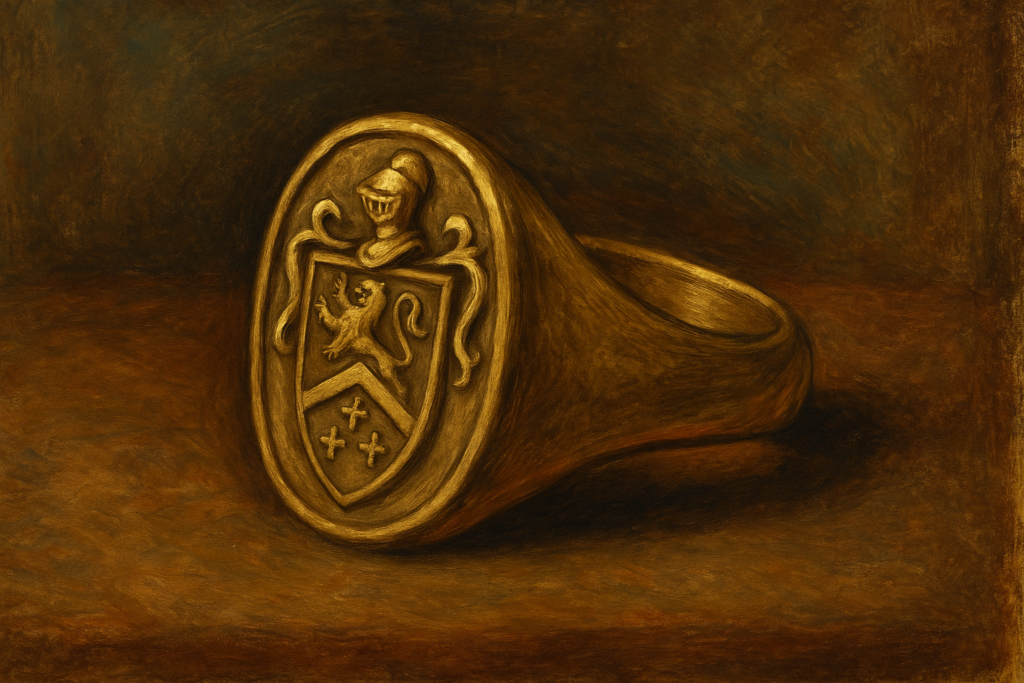 紋章を刻んだルネサンス風のシグネットリングを描いた油彩画風イメージ。金色の指輪にライオンと騎士の兜を組み合わせた紋章が浮き彫りにされ、中世ヨーロッパの権威と誓約を象徴している。