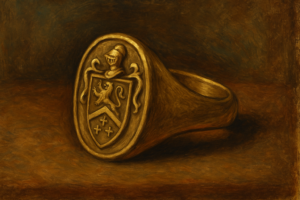 紋章を刻んだルネサンス風のシグネットリングを描いた油彩画風イメージ。金色の指輪にライオンと騎士の兜を組み合わせた紋章が浮き彫りにされ、中世ヨーロッパの権威と誓約を象徴している。