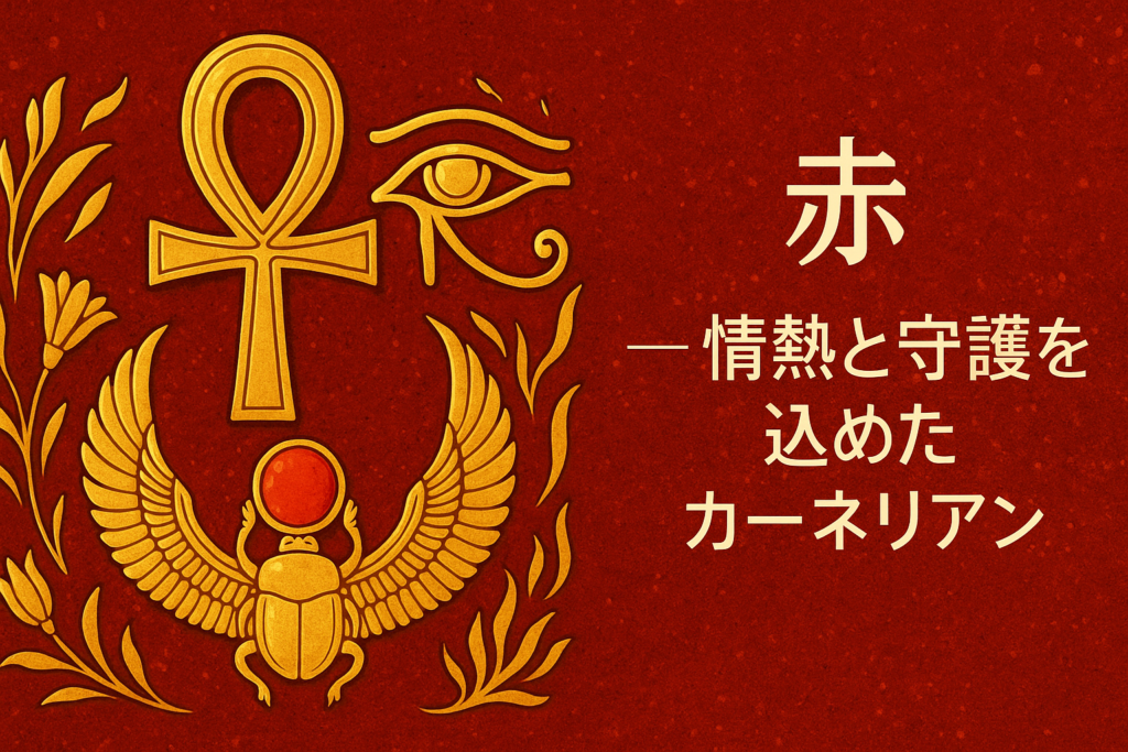 古代エジプトの象徴をカーネリアンの赤で表現したアイキャッチ画像。金色のアンク、ホルスの目、赤い太陽円盤を抱えた翼のスカラベ甲虫が配置され、情熱と守護を象徴するデザイン。