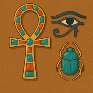 古代エジプトの首飾りと護符文化を象徴するイラスト。生命の鍵アンクを中心に、ホルスの目とスカラベ甲虫を配置し、永遠の生命・守護・再生を表現したデザイン。