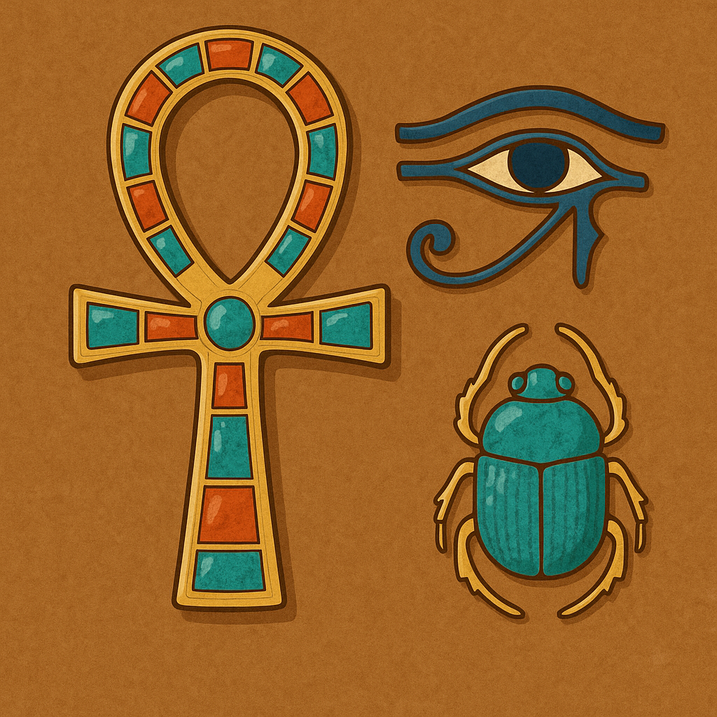 古代エジプトの首飾りと護符文化を象徴するイラスト。生命の鍵アンクを中心に、ホルスの目とスカラベ甲虫を配置し、永遠の生命・守護・再生を表現したデザイン。