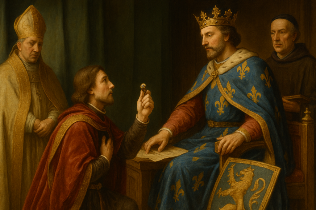 ルネサンス風の宮廷場面。王座に座る王の前で騎士が跪き、紋章リングを掲げて忠誠を誓っている。王の左右には聖職者が立ち会い、厳粛で荘厳な雰囲気が漂っている。