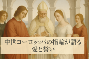 白を基調としたルネサンス風の婚礼場面。中央で神父が立ち会い、新郎が新婦の薬指に指輪をはめて誓いを交わしている。背景にはアーチ状の建築と青い海が描かれ、中世ヨーロッパにおける指輪に込められた誓いの文化を象徴している。