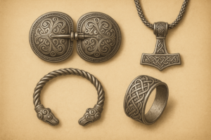 ヴァイキング時代の銀・ブロンズ装飾品を並べた図。渦巻き文様の円形ブローチ、トールのハンマー型ペンダント、動物頭の装飾が付いたねじれ模様の腕輪、ケルト結び文様が刻まれた指輪がアンティーク調に描かれている。