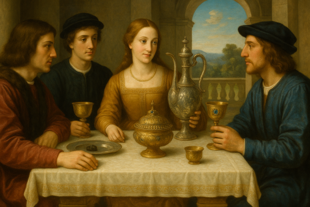 ルネサンス期の貴族の晩餐会を描いた絵。金や銀で作られた豪華な器や装飾品が並ぶテーブルを囲み、華やかな衣装を着た男女が談笑している。背景にはアーチのある建築と青空が広がり、明るく調和的な雰囲気が漂っている。