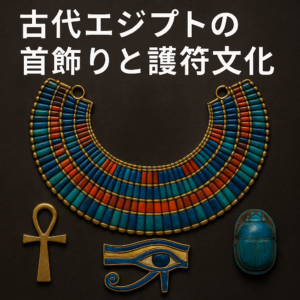 古代エジプトの首飾りと護符文化を象徴するアイキャッチ画像。アンク、ホルスの目、スカラベ甲虫の護符とカラフルなウェセク首飾りが並ぶデザイン。