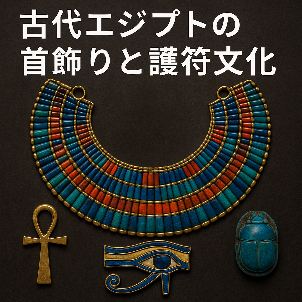 古代エジプトの首飾りと護符文化を象徴するアイキャッチ画像。アンク、ホルスの目、スカラベ甲虫の護符とカラフルなウェセク首飾りが並ぶデザイン。
