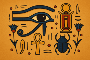 古代エジプトの護符ホルスの目（ウジャト）を中心に描いたアイキャッチ画像。王権の守護と身体の再生を象徴し、アンクやスカラベとともに配置されたデザイン。