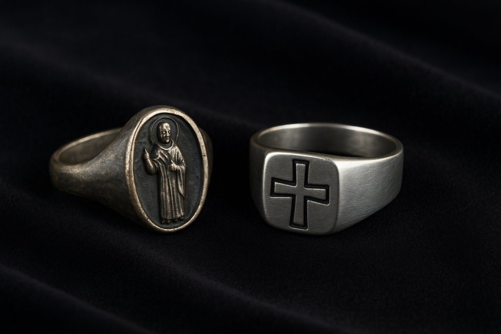 黒いビロードの上に並べられた2つの指輪。左には中世ヨーロッパで使われていた古びた宗教的指輪が置かれ、聖人像が浮き彫りにされている。右には現代的にデザインされたシルバーの指輪があり、シンプルなラテン十字が刻まれている。宗教的モチーフ指輪の衰退と継承を象徴する構図。