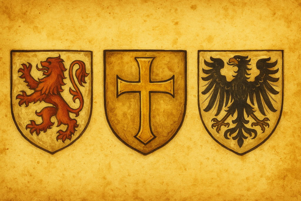 古びた羊皮紙の上に並んだ3つの紋章。左に赤いライオン、中に黄金の十字架、右に黒い鷲が描かれ、中世ヨーロッパにおけるシグネットリングと紋章学の象徴を示すイメージ。黄色を基調とした古文書風の雰囲気。