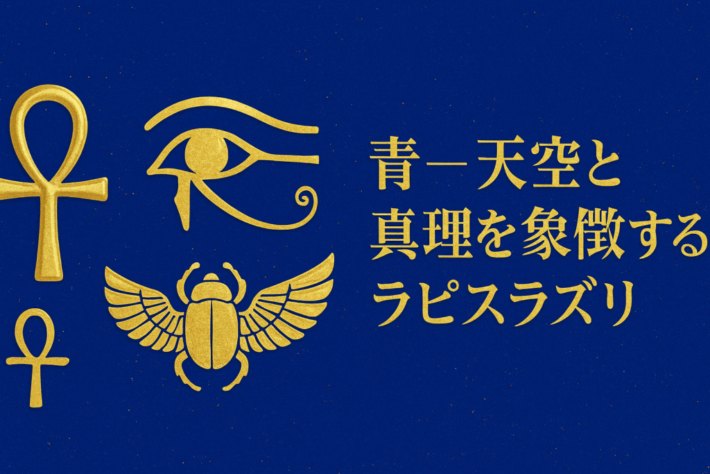 古代エジプトの象徴をラピスラズリの青で表現したアイキャッチ画像。金色に輝くアンク、ホルスの目、翼を広げたスカラベ甲虫が配置され、天空と真理を象徴するデザイン
