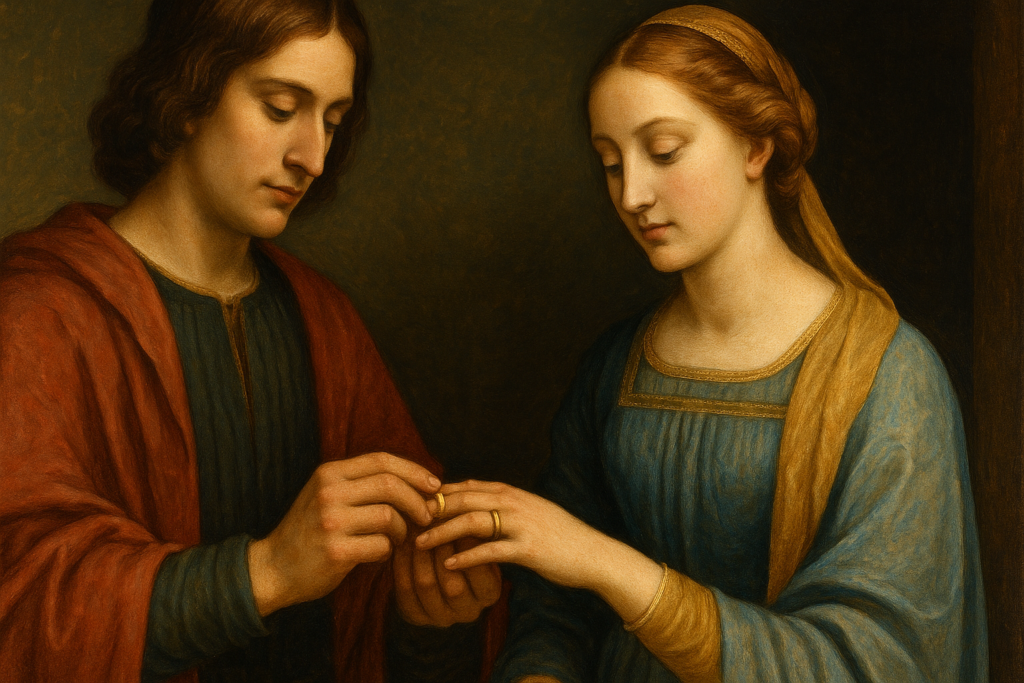 中世ヨーロッパの婚約指輪と結婚指輪の起源を示すイメージ