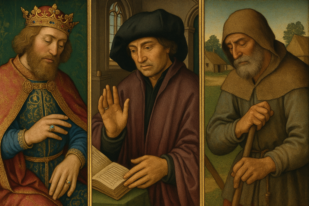 ゴシック風の三分割構図。左には宝石を散りばめた金の指輪を身につけた王、中央には銀の指輪をはめ帳簿を手にする商人、右には質素な鉄の指輪をした農民が農具を持つ姿が描かれ、社会的地位と婚姻指輪の違いを象徴している。