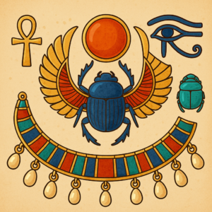 古代エジプトの護符スカラベ甲虫を中心に描いたアイキャッチ画像。太陽と再生を象徴する翼のあるスカラベと首飾り、アンクやホルスの目を組み合わせたデザイン。