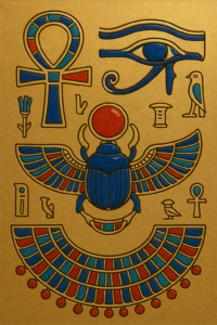 古代エジプトの装飾を象徴するアイキャッチ画像。金色の背景にアンク、ホルスの目、翼を持つスカラベ、カラフルなウェセク首飾りが配され、青・赤・緑の配色と金属素材の輝きを表現したデザイン。