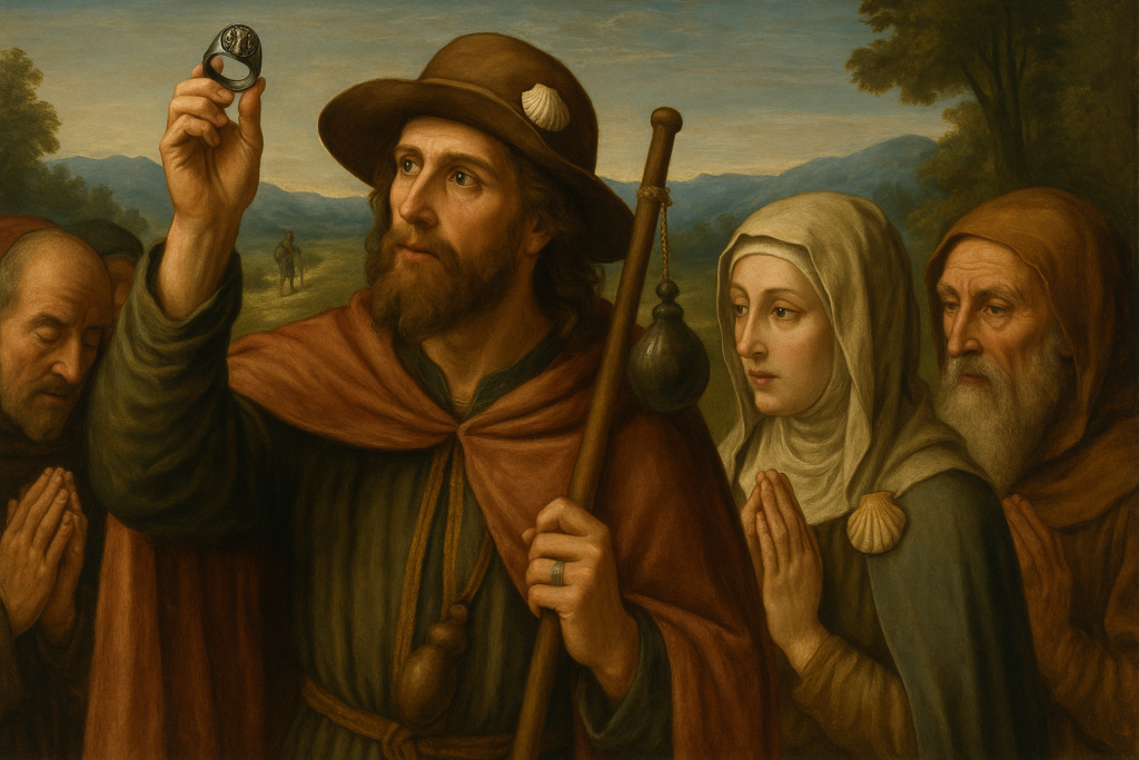 巡礼者たちが野外で祈りを捧げるルネサンス風の西洋絵画。中央の男性巡礼者が銀の宗教的指輪を掲げ、周囲には杖や貝殻を持つ巡礼者が集い、信仰と旅の象徴として描かれている。