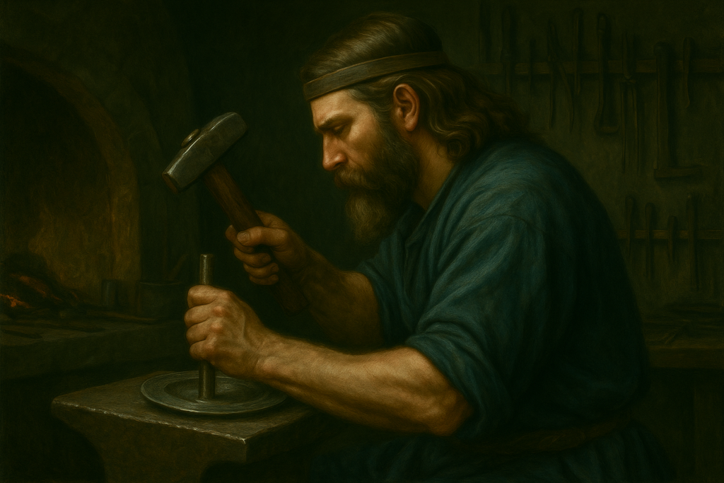 アンティーク感のある落ち着いたシルバーと深緑色の色調で描かれたルネサンス風絵画。炉のある工房で、ケルト人の男性職人が横向きに座り、左手で金属板とポンチを押さえながら右手でハンマーを振るい、打ち出し（Repoussé）の作業を行っている。背景には作業道具がうっすらと並んでいる。