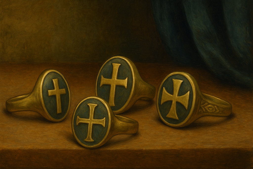 木製の台座に並べられた4つの中世風ゴールドリング。ラテン十字、ギリシャ十字、ケルト十字など異なるデザインの十字架が刻まれており、ルネサンス風の油彩画調で十字架モチーフの象徴性を強調している。