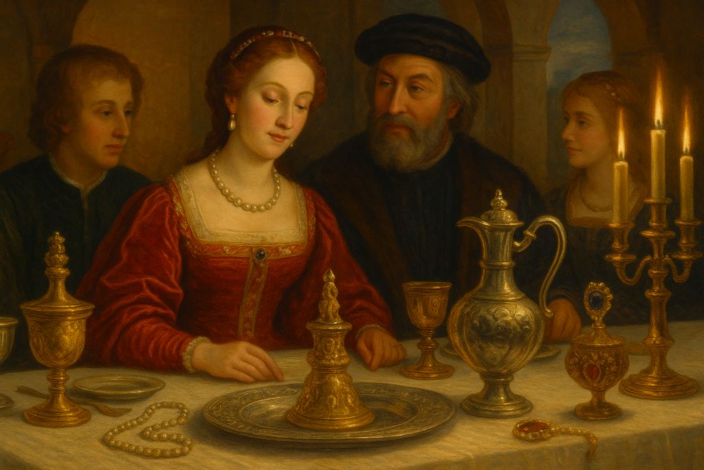 ルネサンス風に描かれた晩餐会の場面。燭台の灯りに照らされ、銀器や宝飾品が輝くテーブルを囲んで貴族たちが座っている。中央の女性は真珠のネックレスを身につけ、豪華な衣装をまとい、周囲の人物と談笑している。