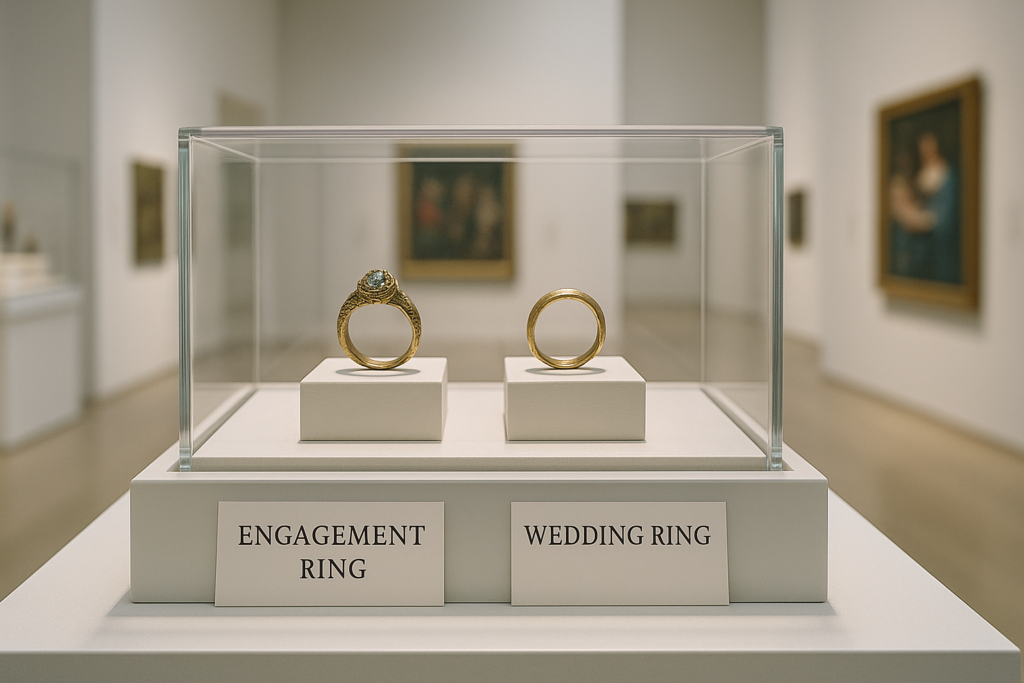 白を基調とした美術館の展示室で、ガラスケースに収められた2つの中世ヨーロッパの指輪。左には宝石が施された婚約指輪、右にはシンプルな金の結婚指輪が並べられ、両者の違いが歴史的資料として示されている。