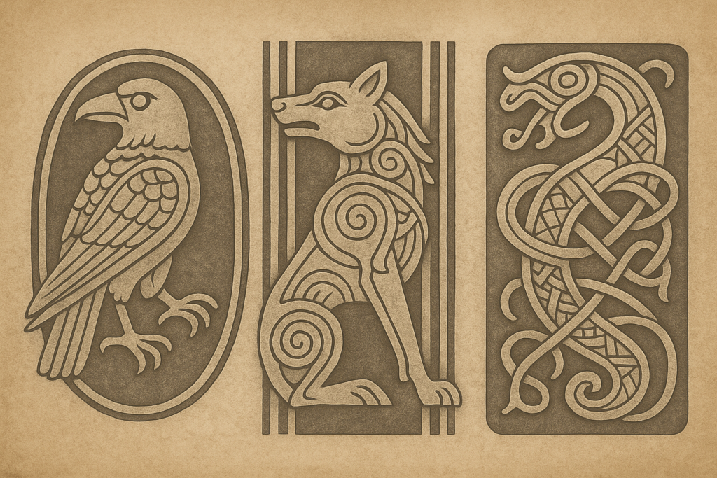ヴァイキング時代の装飾を模した動物モチーフの図。左からカラス、狼、竜が石碑風のレリーフ様式で描かれ、身体には渦巻きや組紐文様が施されている。背景は古びた羊皮紙風の質感。