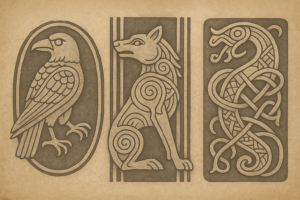 ヴァイキング時代の装飾を模した動物モチーフの図。左からカラス、狼、竜が石碑風のレリーフ様式で描かれ、身体には渦巻きや組紐文様が施されている。背景は古びた羊皮紙風の質感。