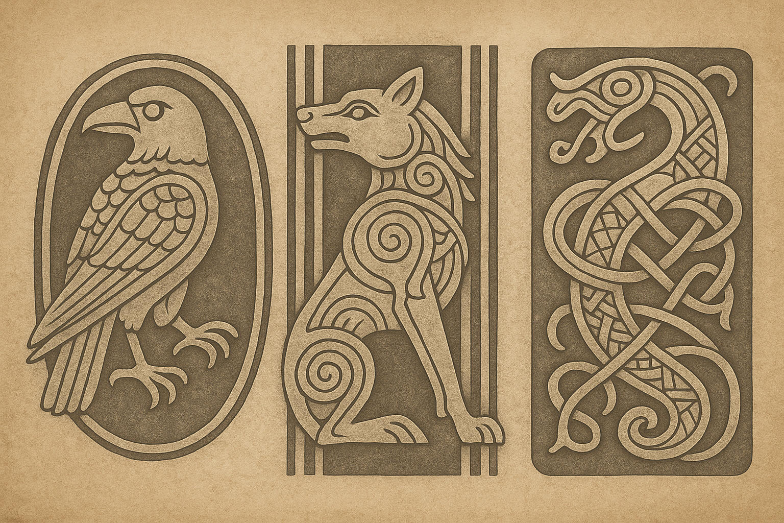 ヴァイキング時代の装飾を模した動物モチーフの図。左からカラス、狼、竜が石碑風のレリーフ様式で描かれ、身体には渦巻きや組紐文様が施されている。背景は古びた羊皮紙風の質感。