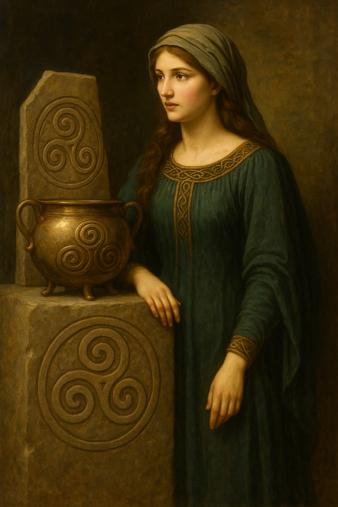 スパイラルとトリスケル文様が刻まれた祭具の横に立つ、ケルト民族風の衣装をまとった女性をルネサンス風に描いた油彩画