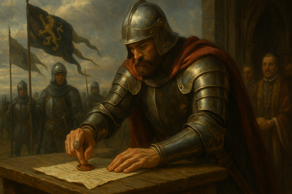 ルネサンス風の戦場場面。鎧をまとった騎士が机に広げた命令書に紋章リングで封印を押している。背後には兵士たちと紋章旗が翻り、戦場における紋章リングの実用性と権威を象徴している。