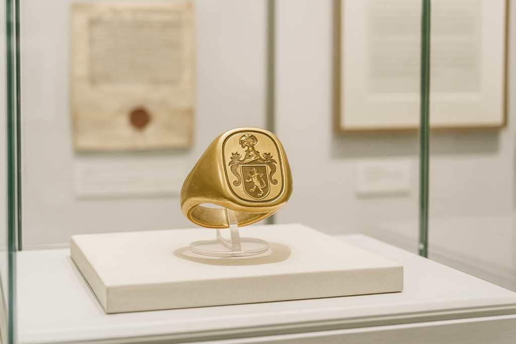 博物館の展示ケースに収められた歴史的シグネットリング。金色の指輪に紋章が刻まれ、白を基調とした落ち着いた雰囲気の空間で展示されている。背景には古文書や解説資料がぼんやりと映り、シグネットリングの衰退と変化を象徴する場面。