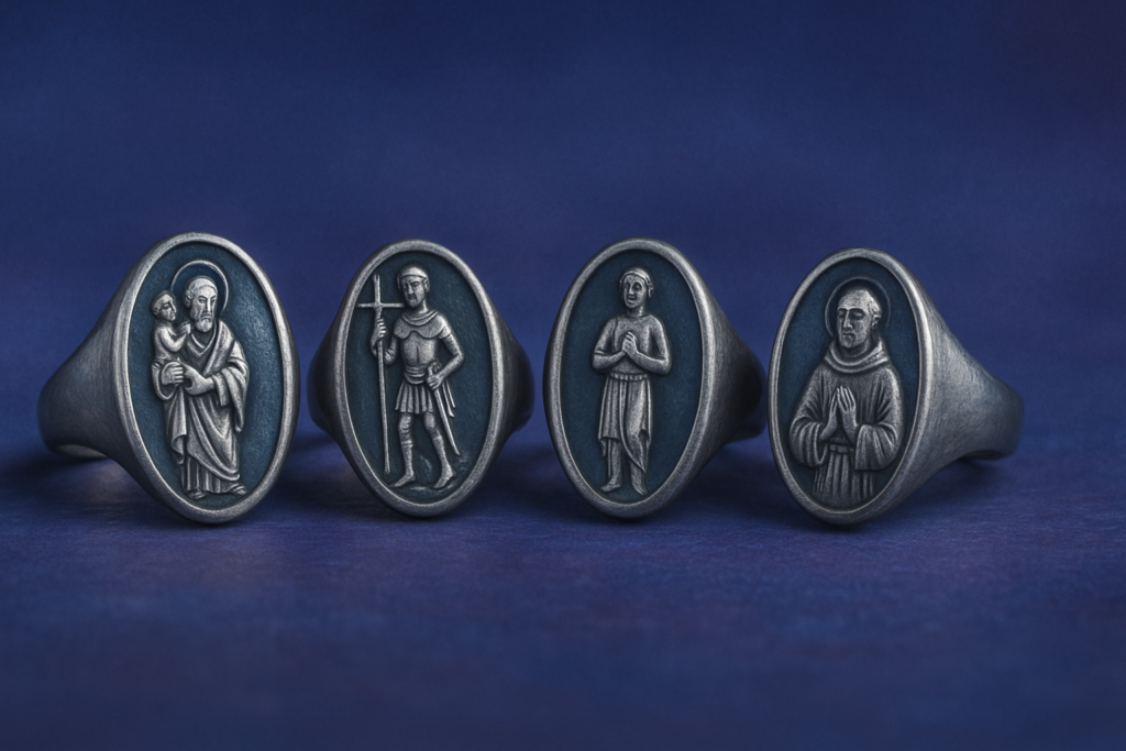 紫と青の背景に並べられた4つのシルバーリング。左から聖クリストフォロス、聖ジョージ、聖セバスティアヌス、聖フランチェスコの像が精緻に浮き彫りされており、落ち着いた雰囲気で聖人像モチーフの意味を象徴している。