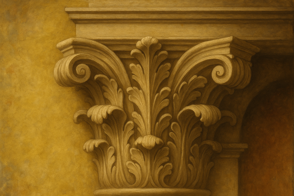 ルネサンス風に描かれたコリント式柱頭のアカンサス文様。大きく広がる葉が精緻に彫刻され、黄金色の壁を背景に荘厳で力強い装飾が際立っている。