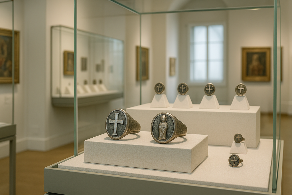 白を基調とした美術館の展示室。ガラスケースの中に十字架や聖人像を刻んだ宗教的指輪が整然と並べられており、前景には大きなラテン十字のリングと聖人像リングが置かれている。静謐な雰囲気が宗教的指輪の美術的価値を強調してい