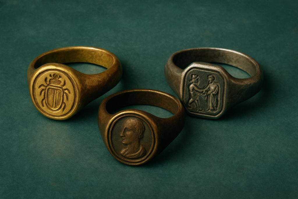 古代エジプト・ローマを象徴する意匠が刻まれたシグネットリング。金のスカラベ模様、青銅の人物横顔、銀の握手する二人の図像を配した指輪で、シグネットリングの起源を示すイメージ。落ち着いた緑と青の背景がシルバーやブロンズの質感を引き立てている。