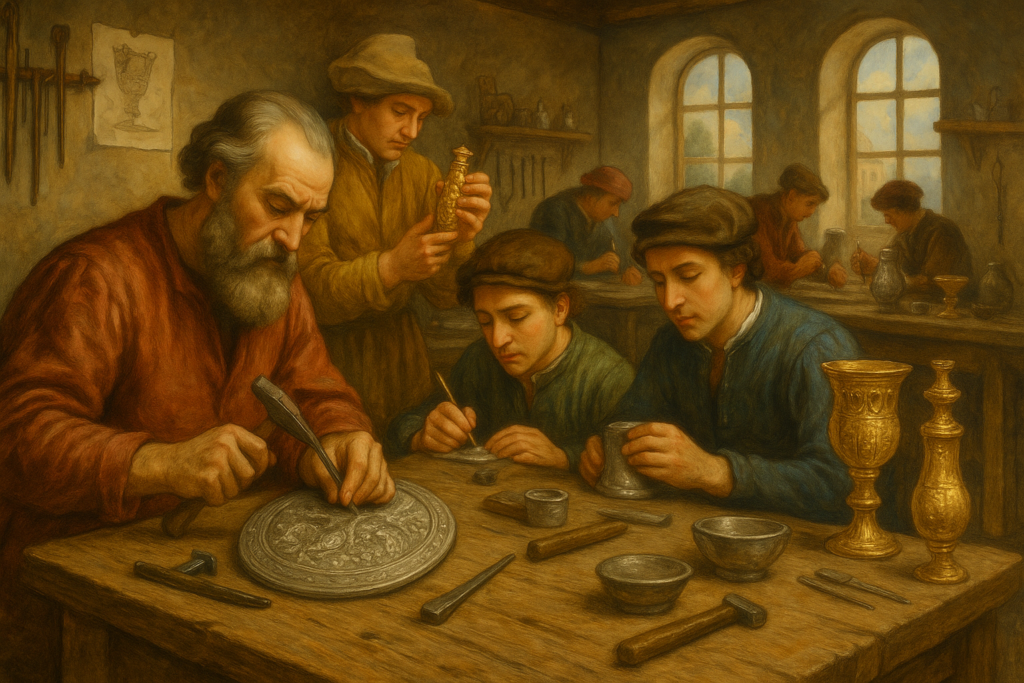 ルネサンス期の銀細工師や宝飾師の工房の様子を描いた絵。木製の作業台で職人たちが銀器に細密な彫刻を施し、弟子たちが研磨や装飾作業をしている。背景には棚に並ぶ完成途中の銀杯や装飾品、窓から差し込む光が工房を照らしている。