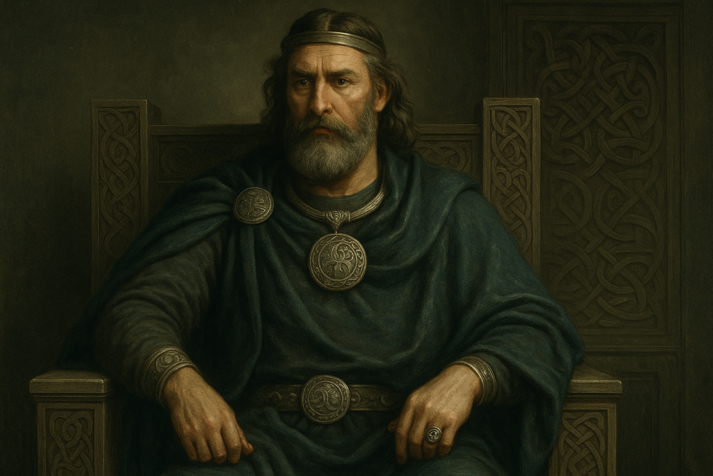 アンティーク感のある落ち着いたシルバーと深緑色の色調で描かれたルネサンス風絵画。ケルト紋様が刻まれた椅子に座るケルト人の王族男性が、トルクや円形ブローチ、装飾ベルトなどの銀製アクセサリーを身に着け、威厳ある表情で前方を見つめている。