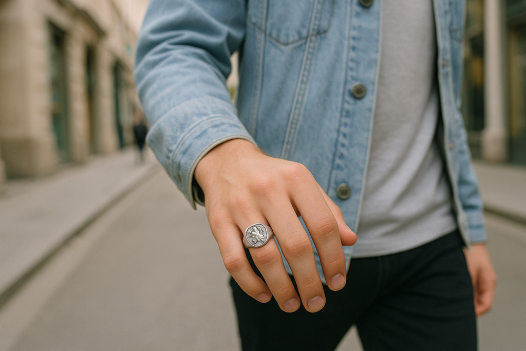 街中を歩く若者の手元に映るシルバーのシグネットリング。カジュアルなストリートファッションに合わせて日常使いされており、現代におけるシグネットリングのスタイルを象徴している。