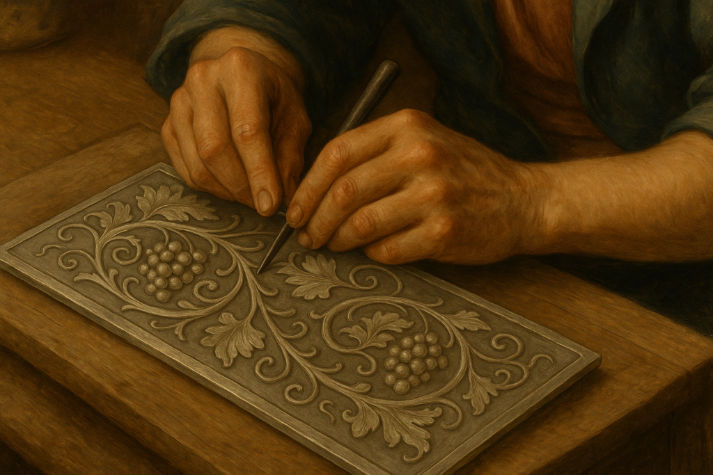 ルネサンス風に描かれた銀細工師の手元。彫刻道具を使って銀板に葡萄の蔓と葉の植物文様を細密に彫り込んでいる様子。繊細な模様が浮かび上がり、工房の木製作業台の上で制作が進められている。