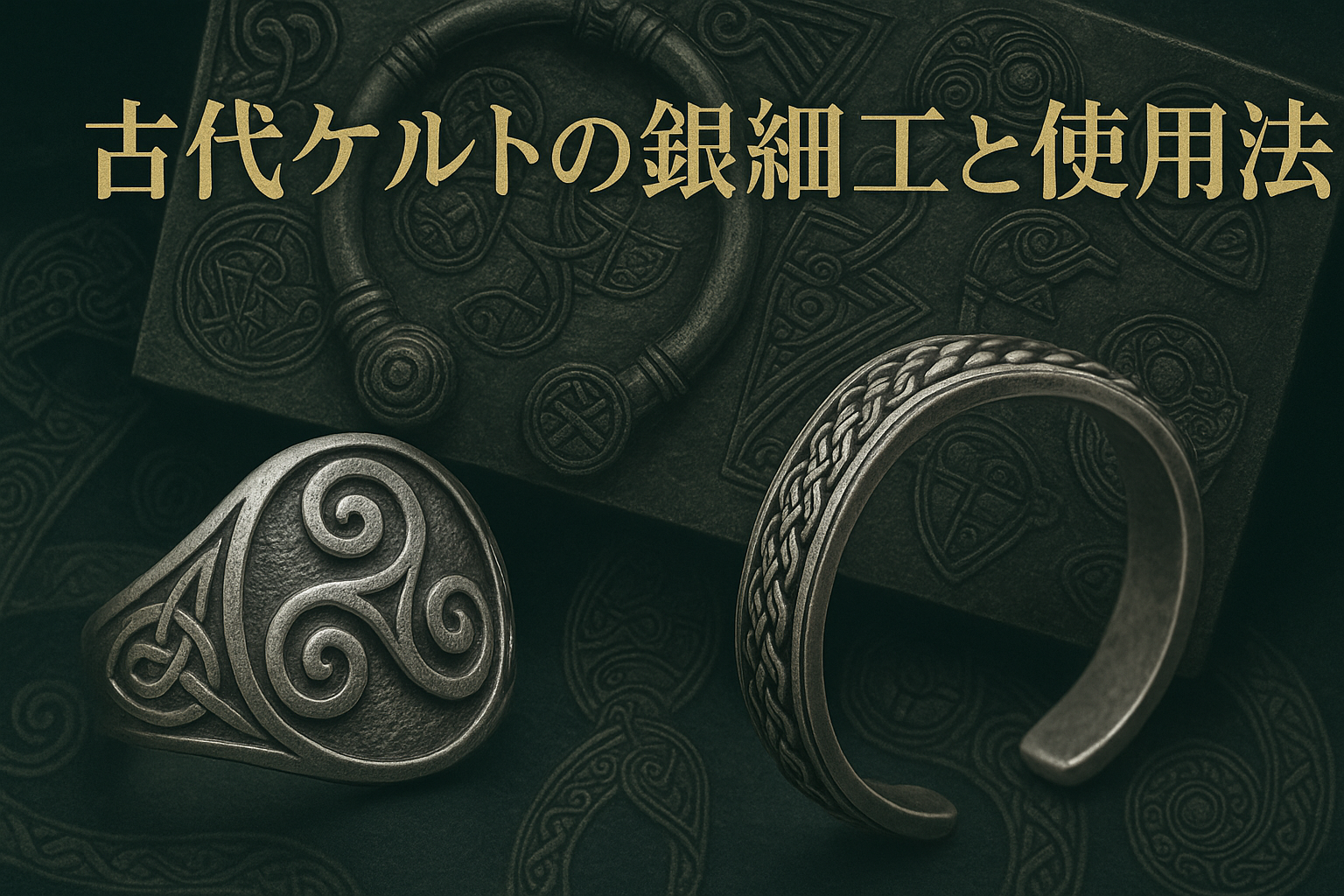 古代ケルトの銀細工をモチーフにしたトリスケル文様のリングと組紐模様のバングルが並ぶ。背景にはケルトの装飾板が配置され、落ち着いたアンティーク調の色合いで撮影されている。