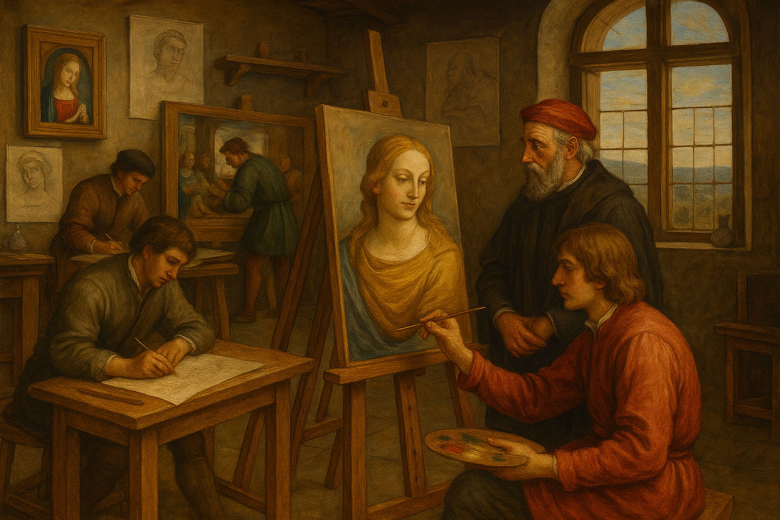 ルネサンス期の絵画工房の様子を描いた絵。大きな窓から光が差し込み、中央では画家が女性の肖像画を描いている。弟子たちは机で下絵を描いたり、背景で宗教画を制作している。師匠と思われる老人が指導し、壁には完成途中の作品や素描が掛けられている。