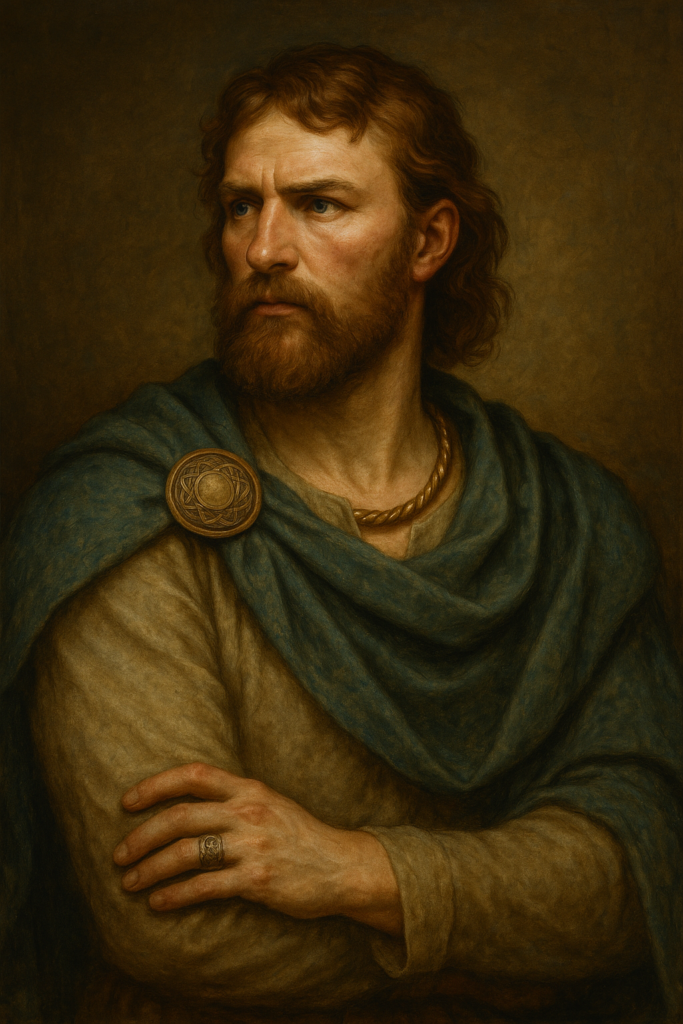 青緑色のクロークと金のトルクを身につけ、ケルト文様のブローチとシルバーリングを着用したケルト民族風男性のルネサンス調肖像画