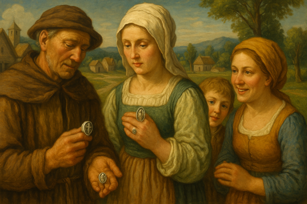 のどかな村の風景を背景に、村人たちが宗教的モチーフの指輪を身に着けている様子。年配の男性が十字架の指輪を手に持ち、女性が聖人像の指輪を指にはめ、子どもや他の村人が寄り添いながら見守る光景が、西洋画風に温かく描かれている。