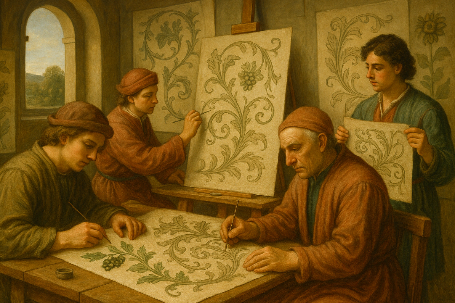 ルネサンス期の工房で植物文様を描く職人たちの様子を描いた絵。作業台に広げた紙に葡萄や葉の模様を描く者、大きなキャンバスに蔓模様を描く者、完成した図案を手にする者がいる。背景には植物模様の下絵が壁に掛けられ、窓から光が差し込む。